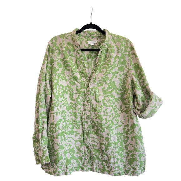 Charter Club Woman Green Floral Linen Button Front Blouse Shirt Size 16W boho - Picture 1 of 5